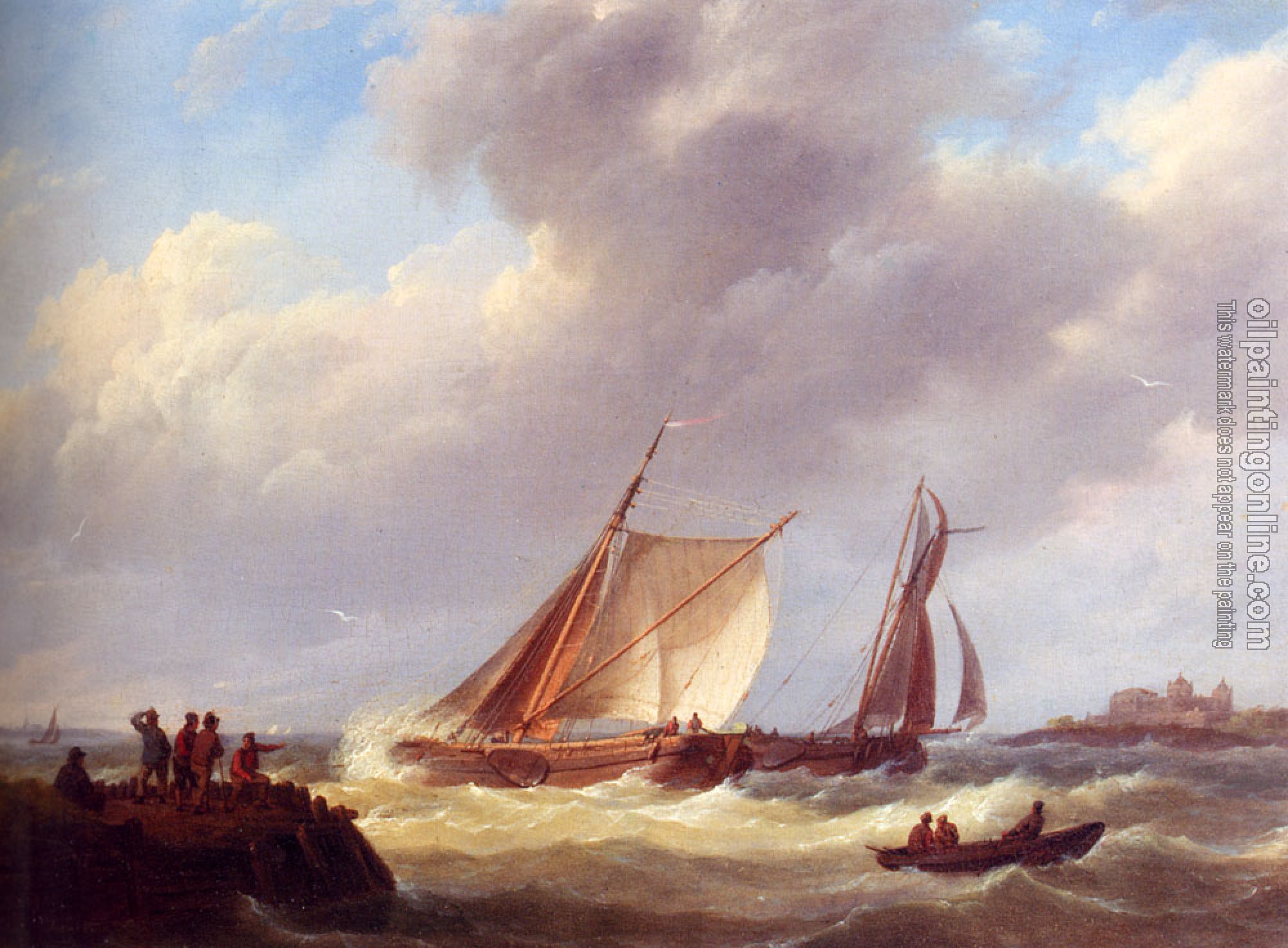 Johannes Hermanus Koekkoek - Fishermen On A Jetty Overlooking A River Estuary